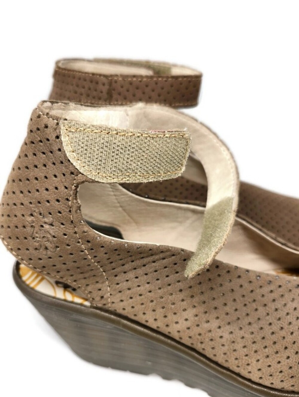 Fly London Yala Taupe Perforated Leather Ankle Strap Peep-Toe Wedge Heel Sandals - Picture 9 of 15